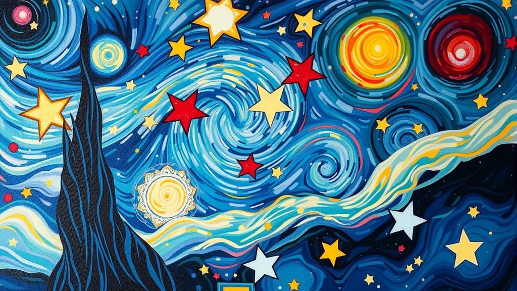 Oil Painting of Stars and Vortexes in Impressionist Style