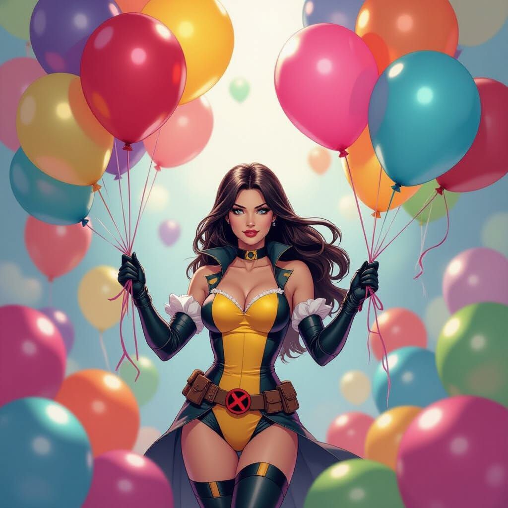 Rogue Celebrates with Colorful Balloons, Whimsical Illustrat...
