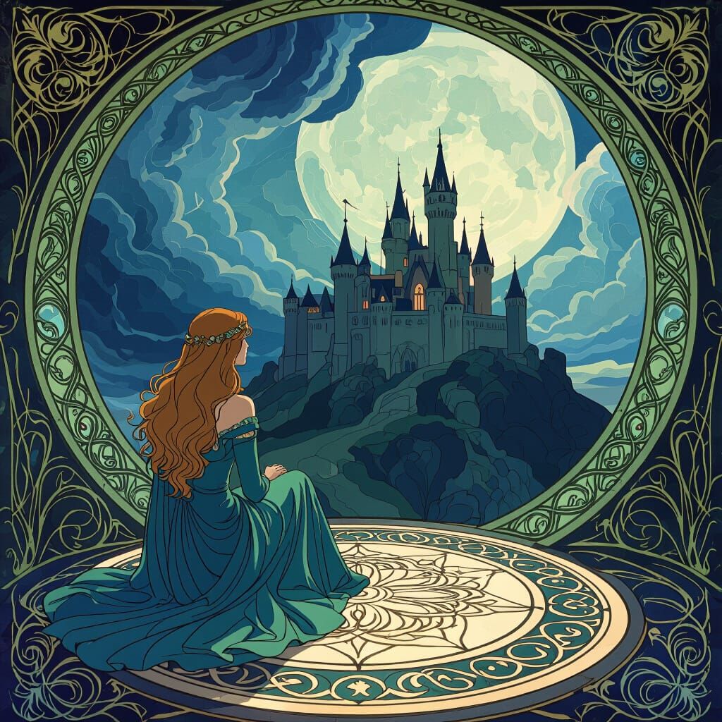 Morgana Gazes at Camelot Castle in Art Nouveau Style