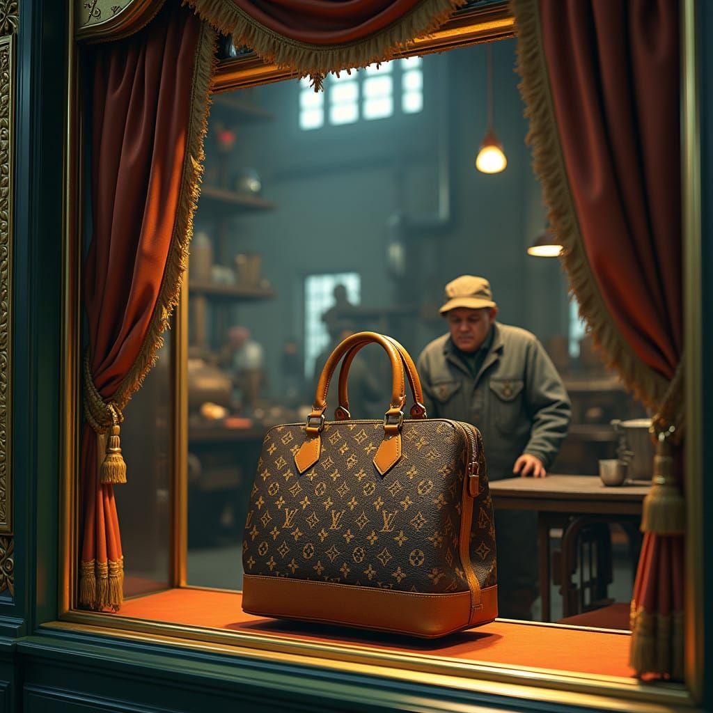 Luxurious Handbag in Opulent Store Window, Juxtaposed with I...