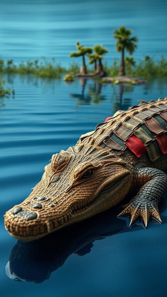 Rough-Hewn Sack Cloth Crocodile Amidst Textile Swamp