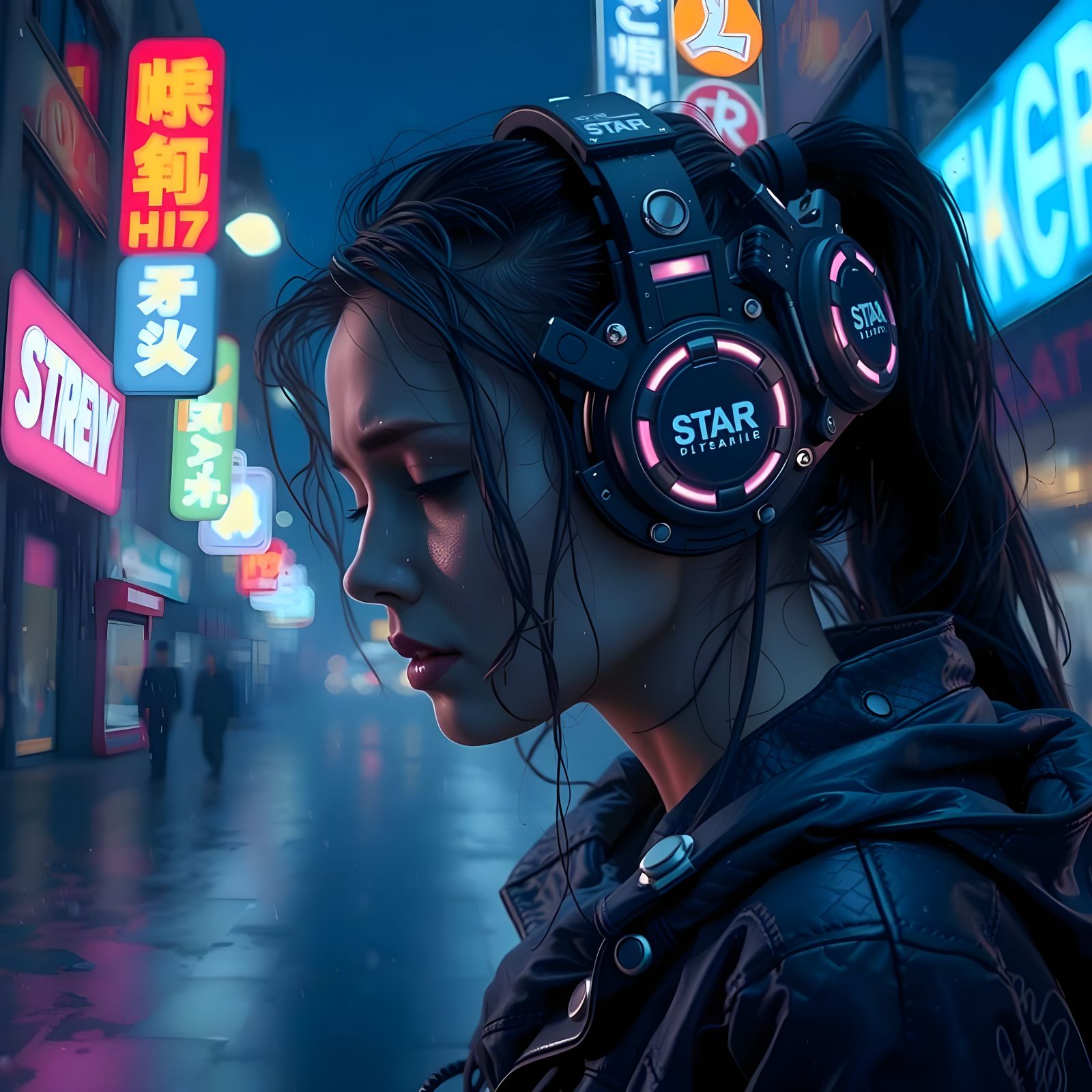 Crying Woman in Cyberpunk City with Neon Lights