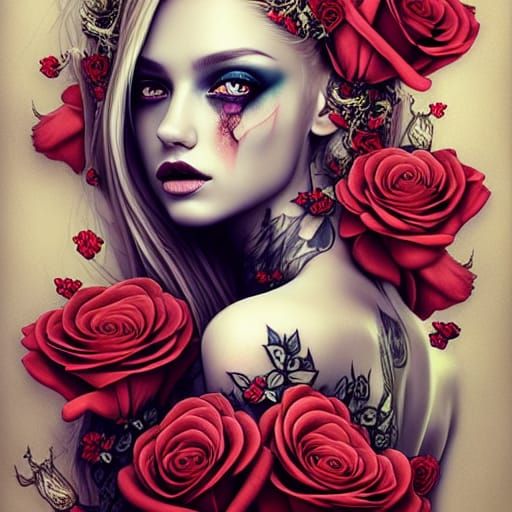 Tattooed Princess with Roses, Hyperdetailed Concept Art
