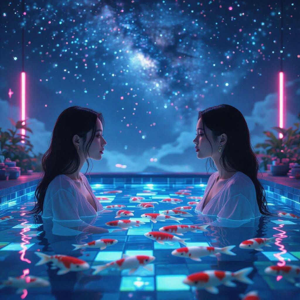 Neon Koi Pond in Vaporwave Liminal Scene