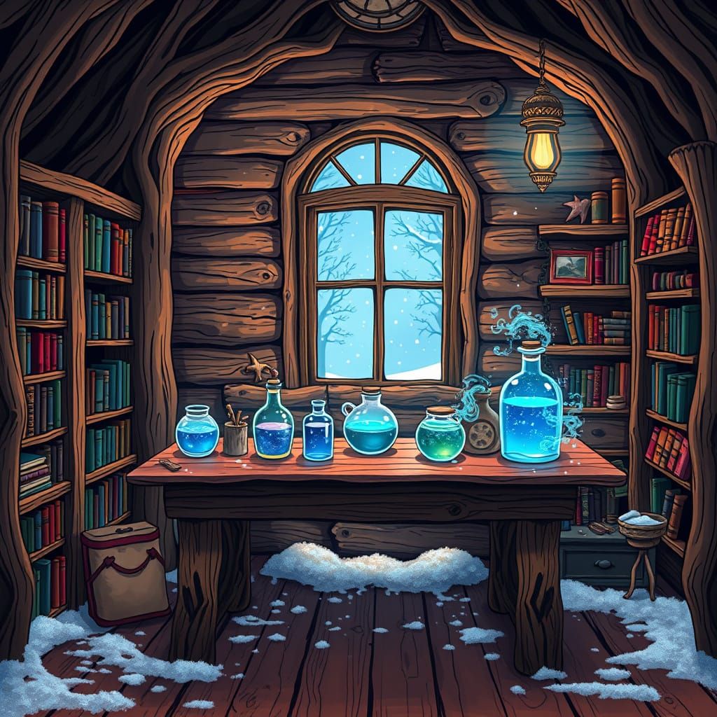 Whimsical Winter Witch's Hut in Hyper-Realistic Style