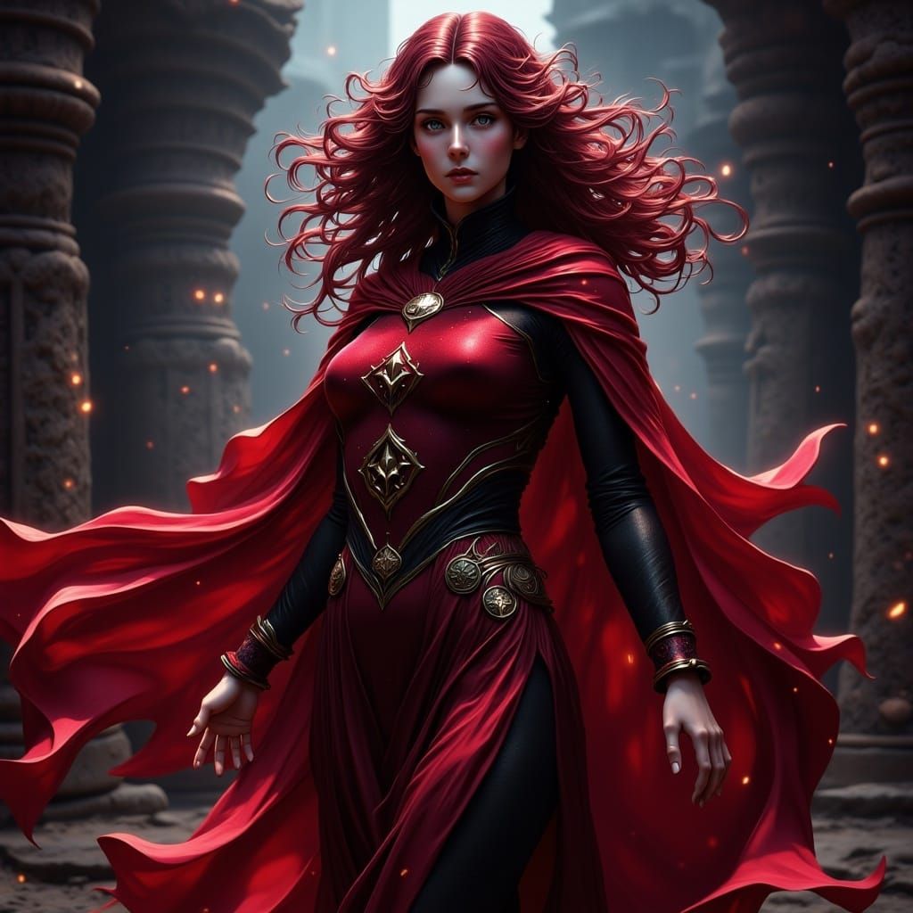 <lora:Cosmic Spiced:1.0> is Scarlet Witch