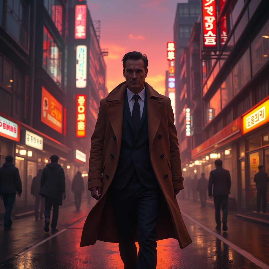 Cyberpunk Patrick Bateman in Sunset Cityscape