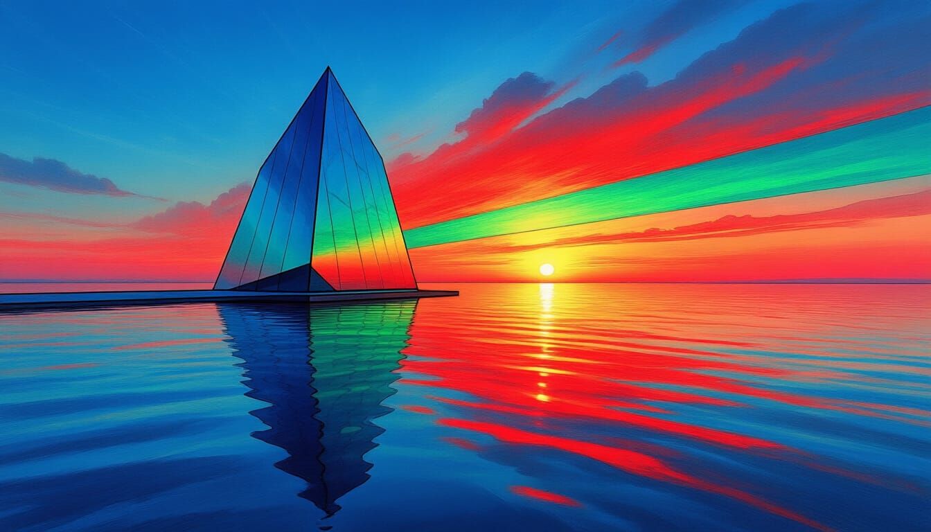 Glass Ruby City Reflections at Sunset in Kandinsky Style