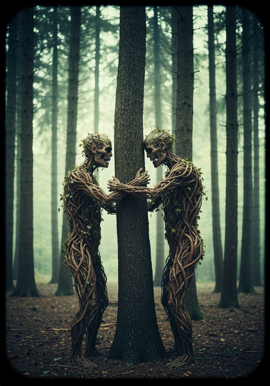 Entwined Zombie Figures Embrace Nature in Film Still