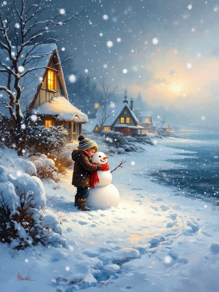 Children Build Snowman on Winter Beach, Impressionist Oil