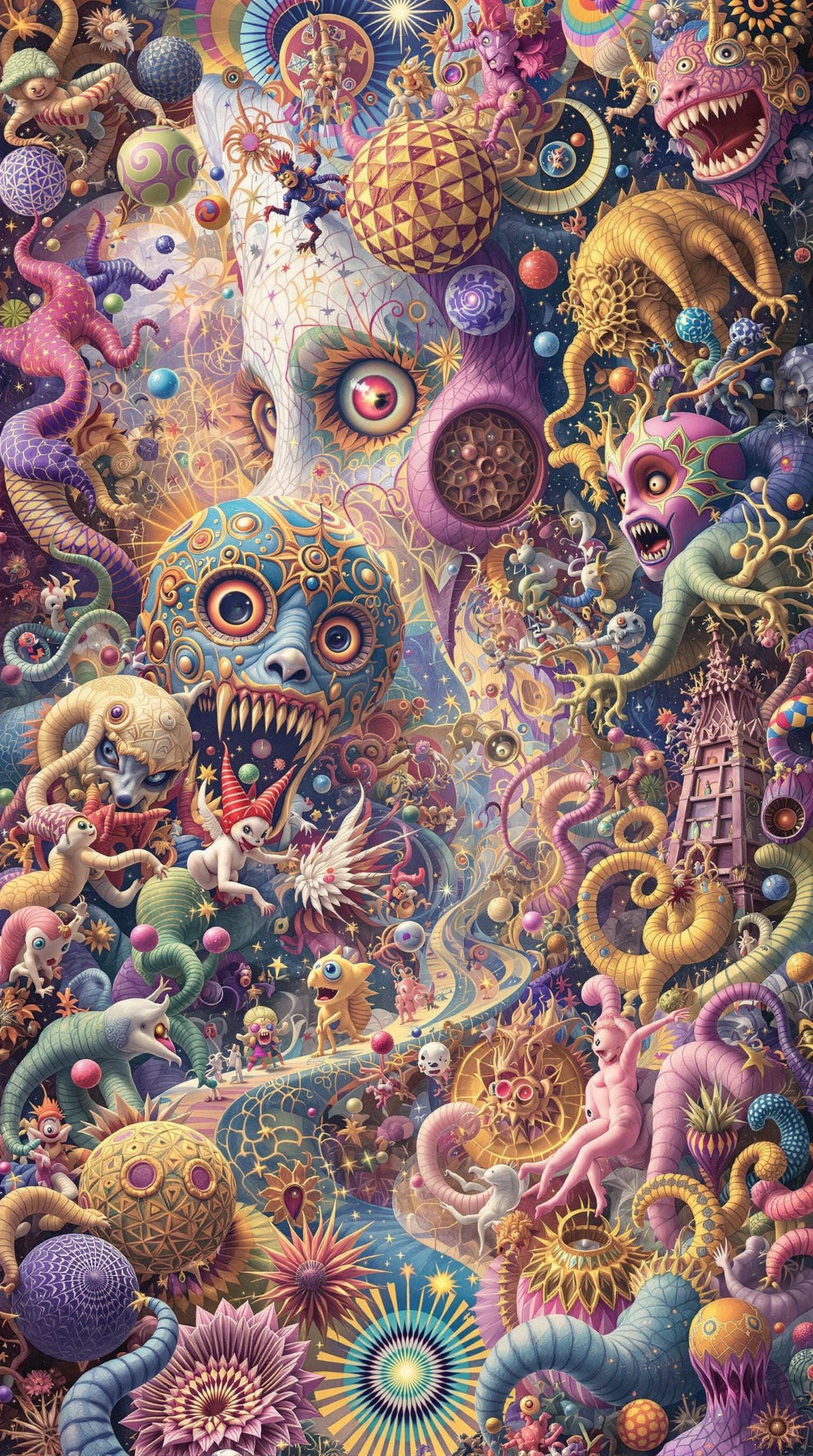 Psychedelic Surreal Scene with Jesters and Gnomes