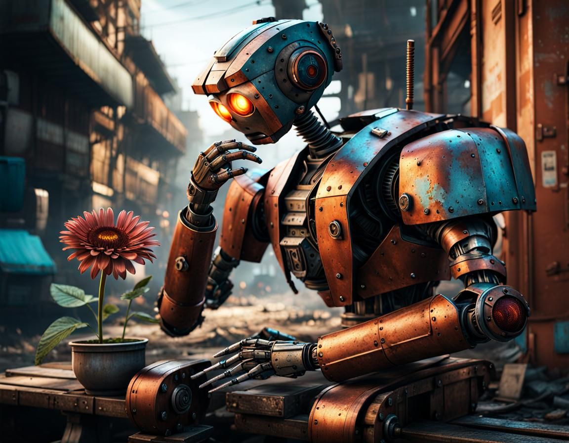 Robot Contemplates Flower in Post-Apocalyptic City