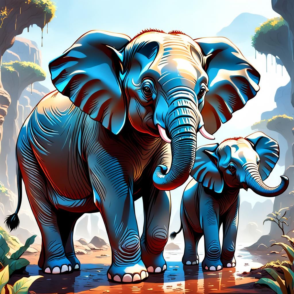 Motherly Love in Whimsical Fantasy Landscapes with Elephants