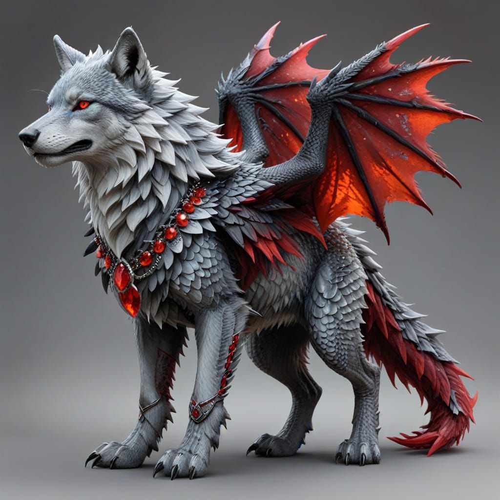 Gray Wolf and Ruby Gem Dragon Hybrid in Shimmering Scales