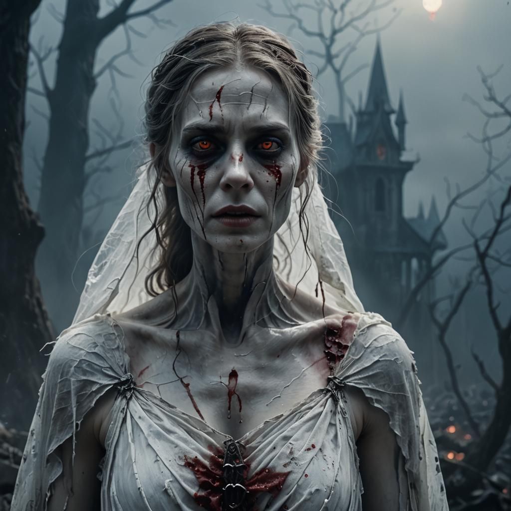 Ethereal Horror in Tattered White, Blurred Background