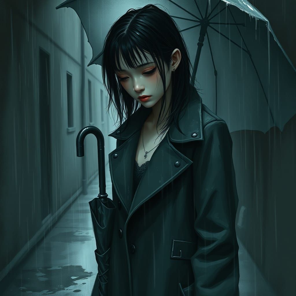 Young Woman Overwhelmed by Melancholy in a Haunting, Rain-Dr...