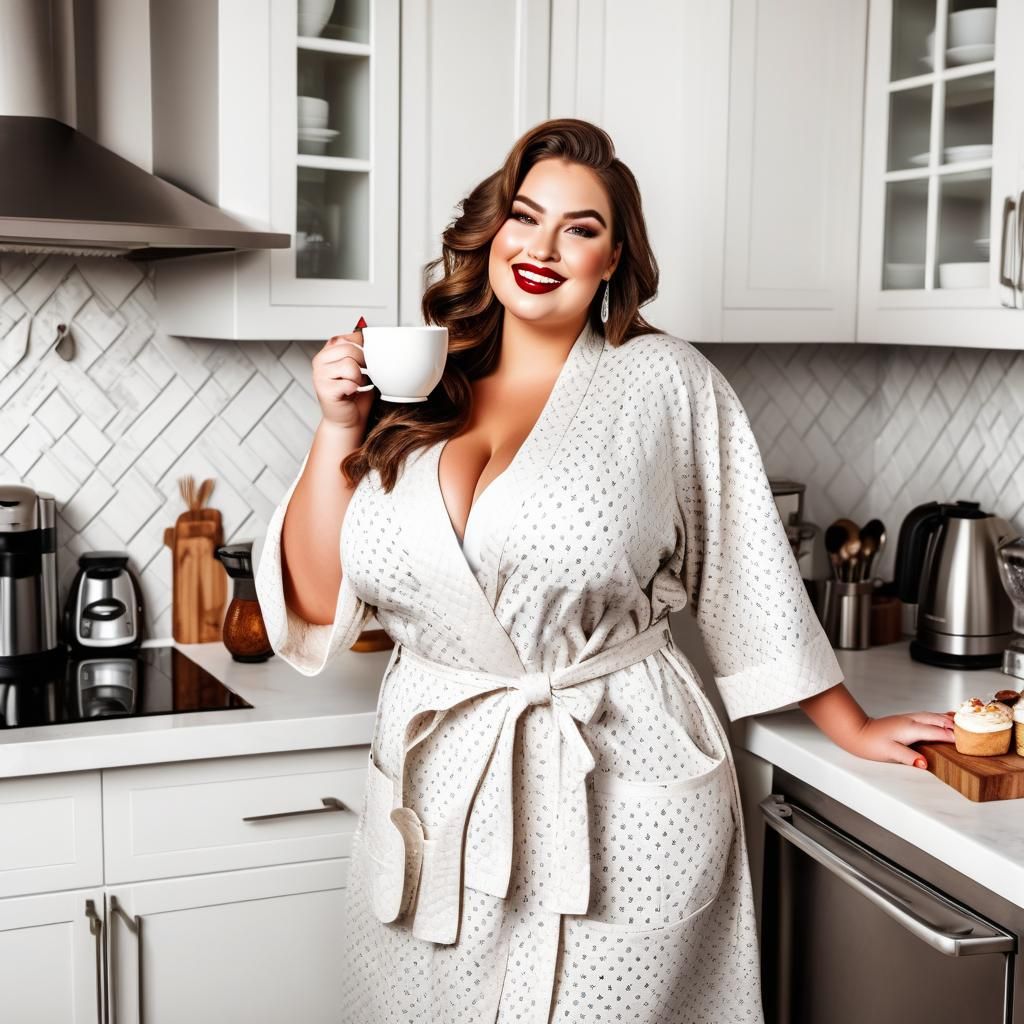 Plus Size Female Enjoys Morning Coffee in a Cozy Kitchen