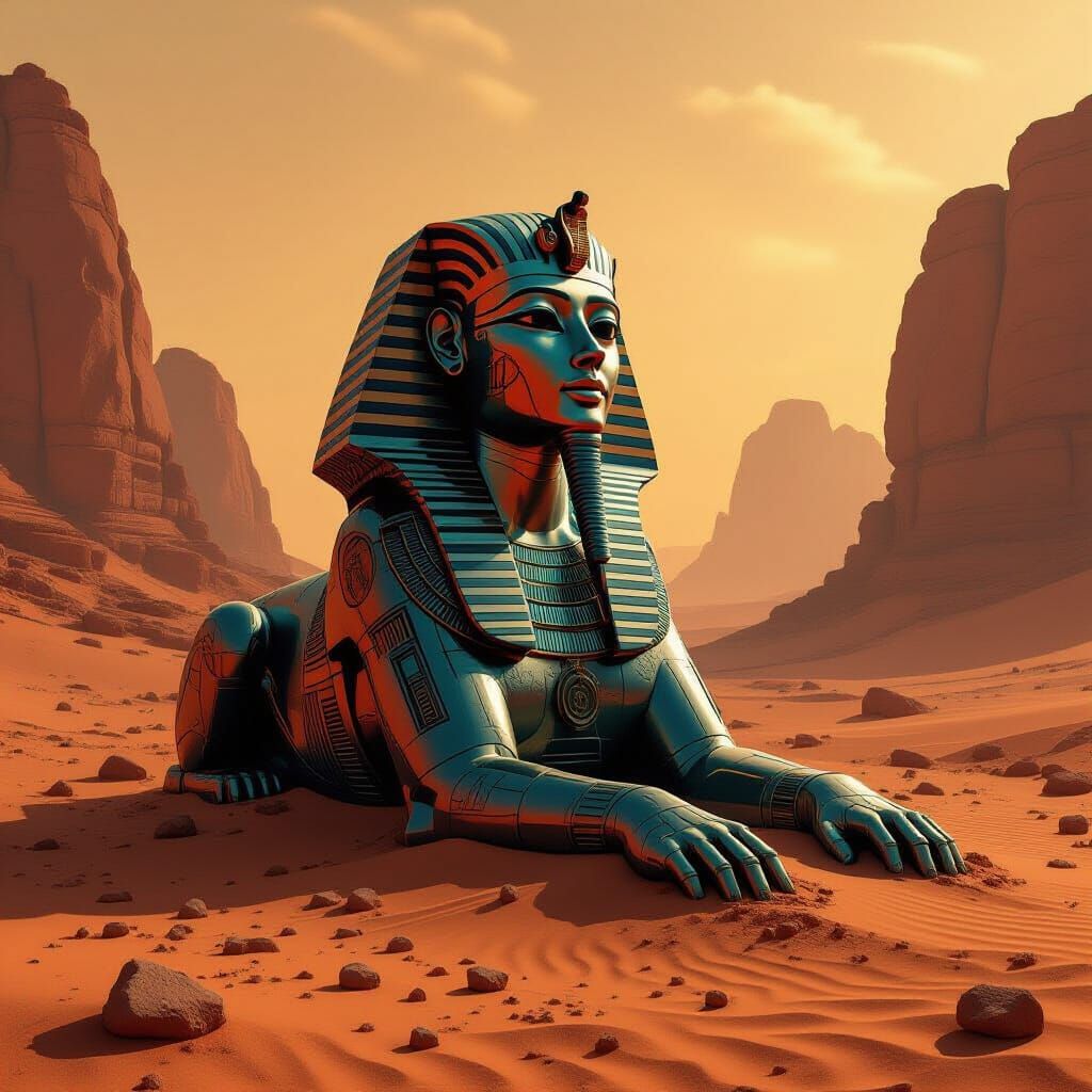 Biomechanical Sphinx on Mars in Charcoal Style