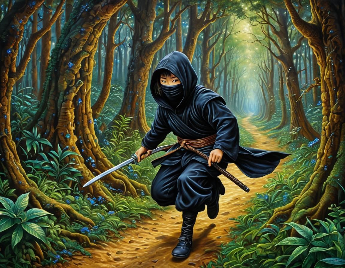 Whimsical Oil Painting of Ninja in Enchanted Forest