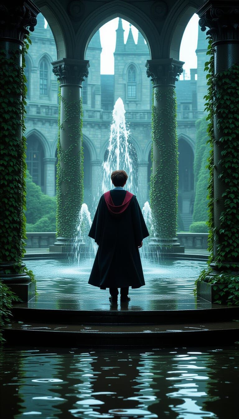 Harry Potter at Hogwarts Fountain in Dark Romanticism Style