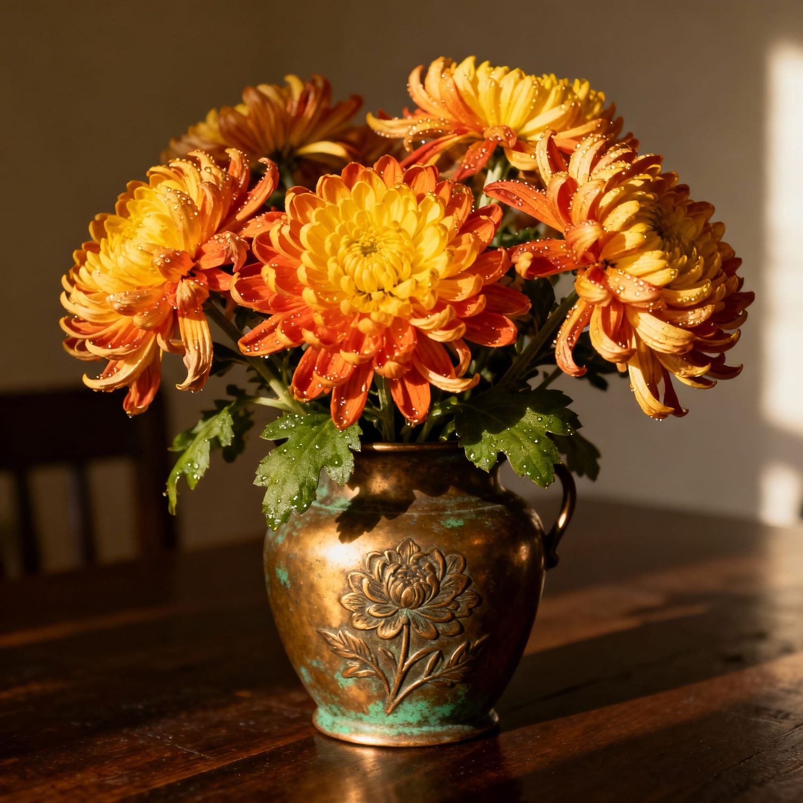 Chrysanthemums in a Bronze Vase Still Life