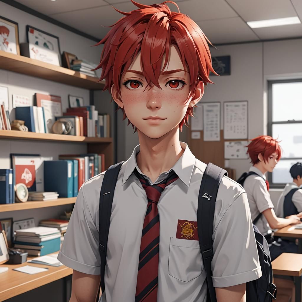 Delinquent Teen in Anime Style with Red Hair