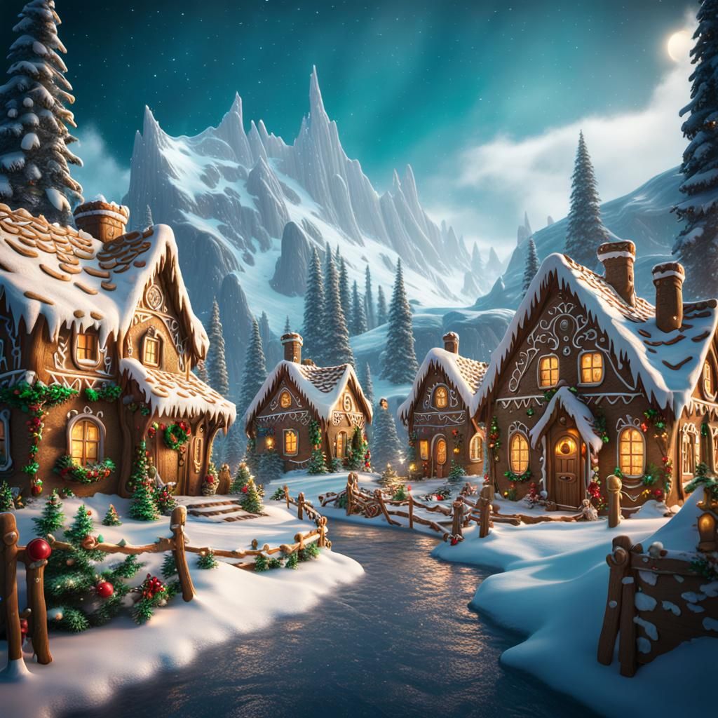 Whimsical Gingerbread Village Under the Northern Lights