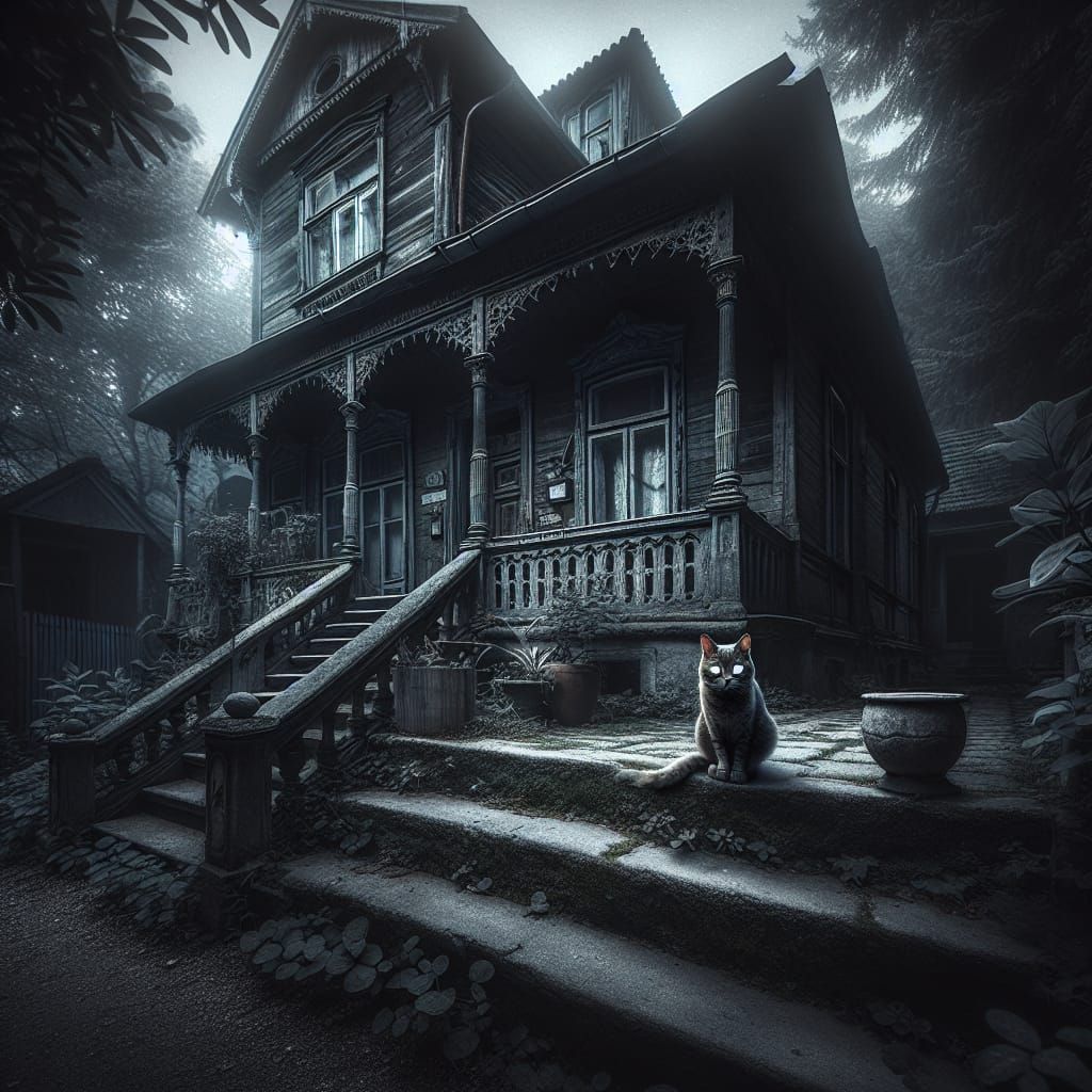 Haunting Mansion with Feline Guardian in Shadows