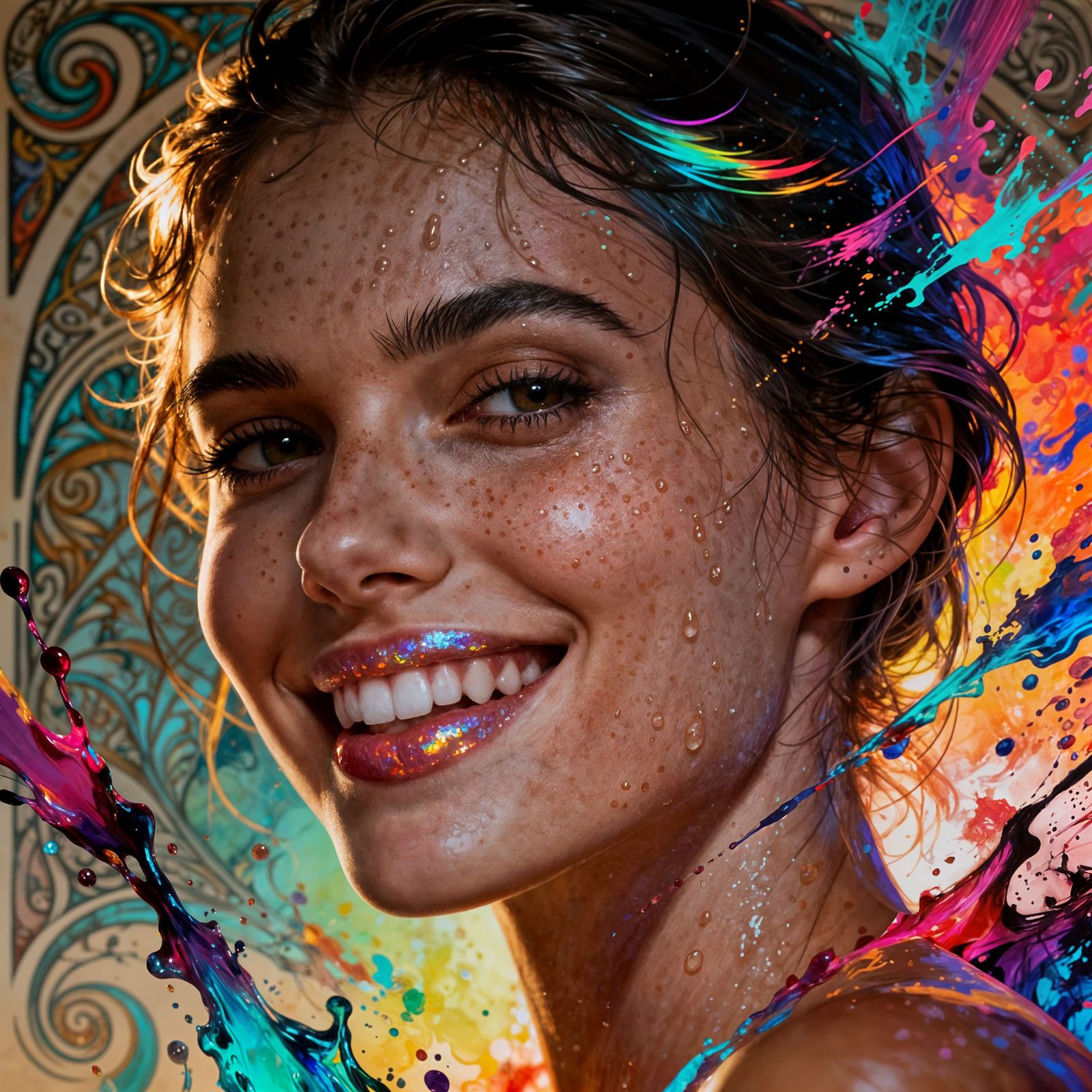 Hyperrealistic Woman's Smile with Vibrant Paint Explosion