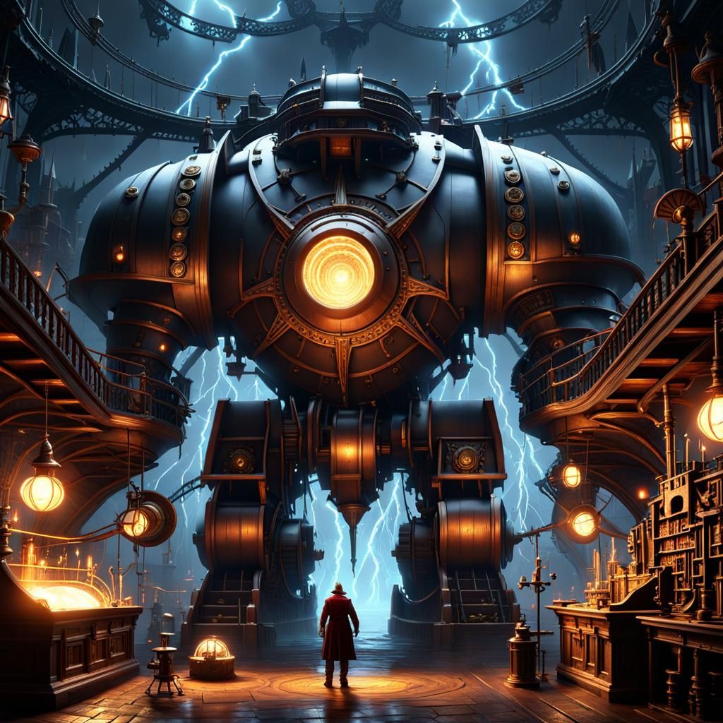 Steampunk Golem Awakens Under Fiery Stormy Skies