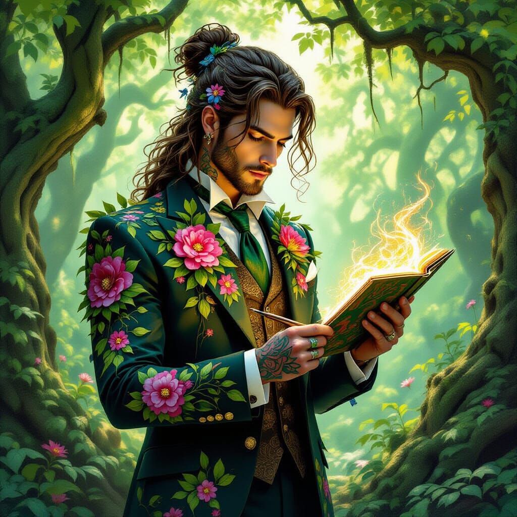 Enchanted Forest Artist in Living Tree Suit with Glowing Bru...