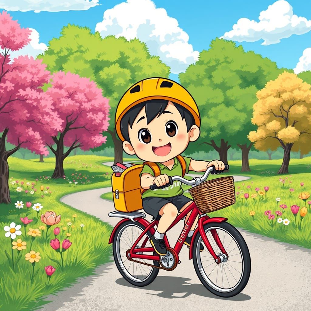 Whimsical Chibi Boy Rides Bike in Colorful Park