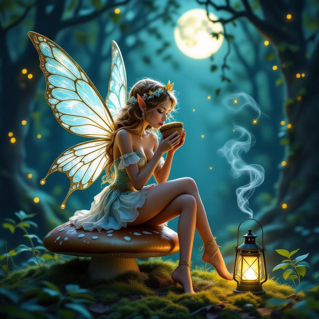 Fairy with Glass Wings in Moonlit Woods