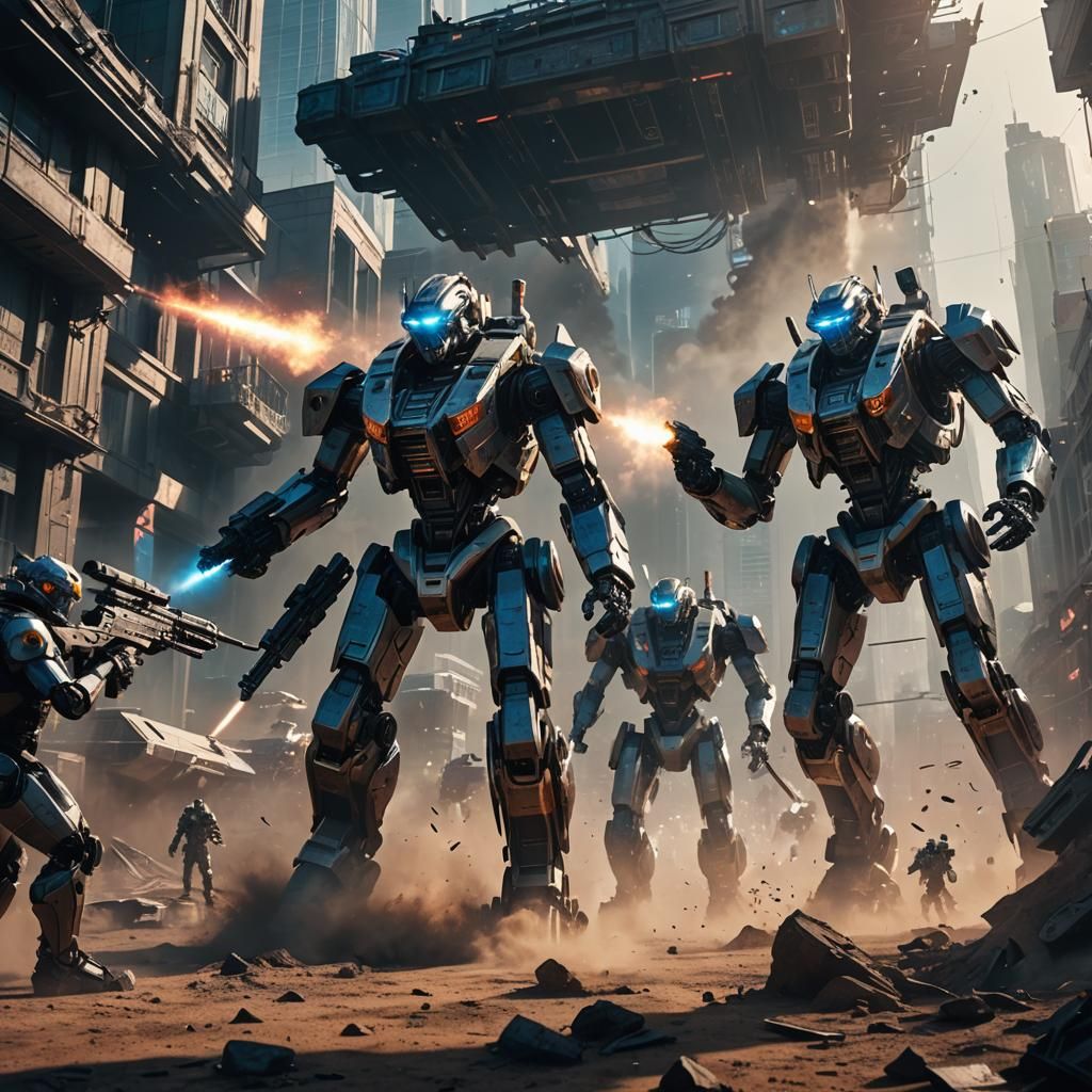 Robots Engage in Futuristic Warfare with Rifles in a High-Te...