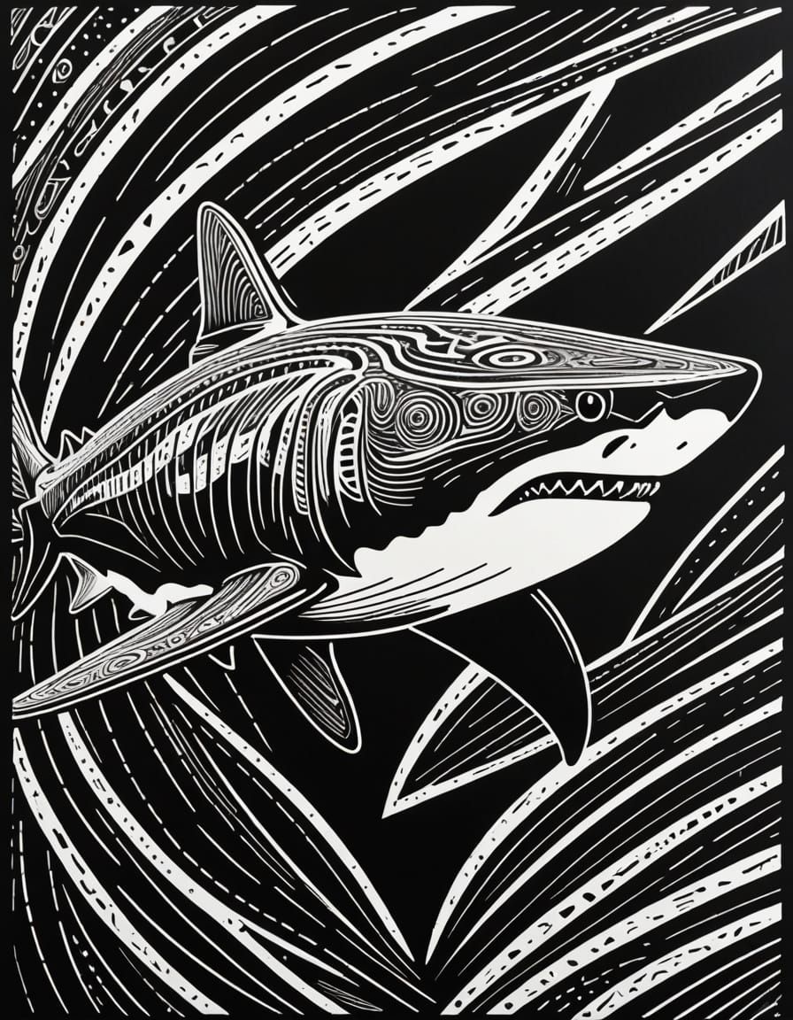 Dramatic Shark Woodcut in High Contrast Black and White
