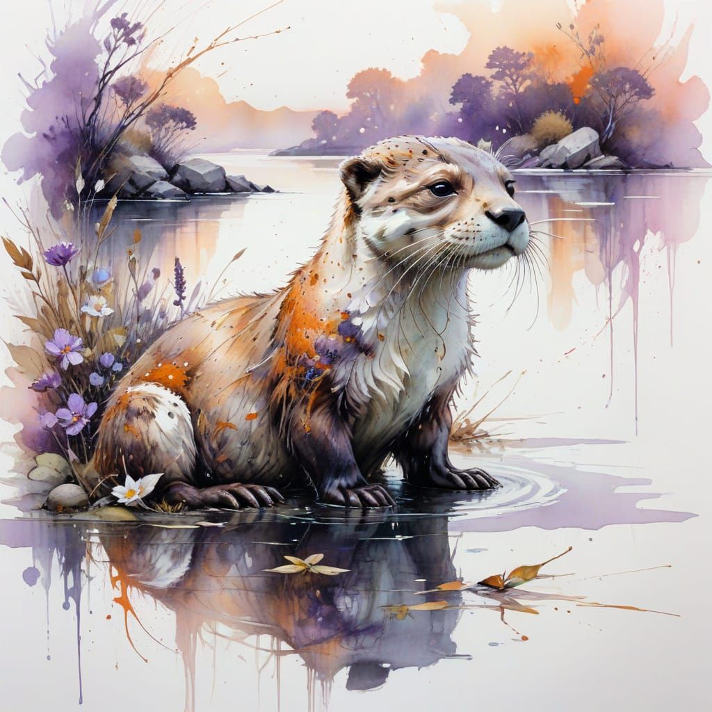 Whimsical Watercolour Lakeside Scene at Dawn