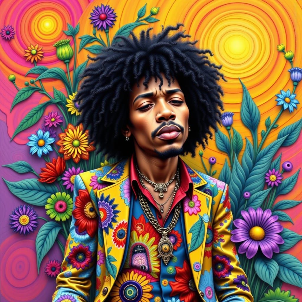 Whimsical Purple Caricature of Jimi Hendrix