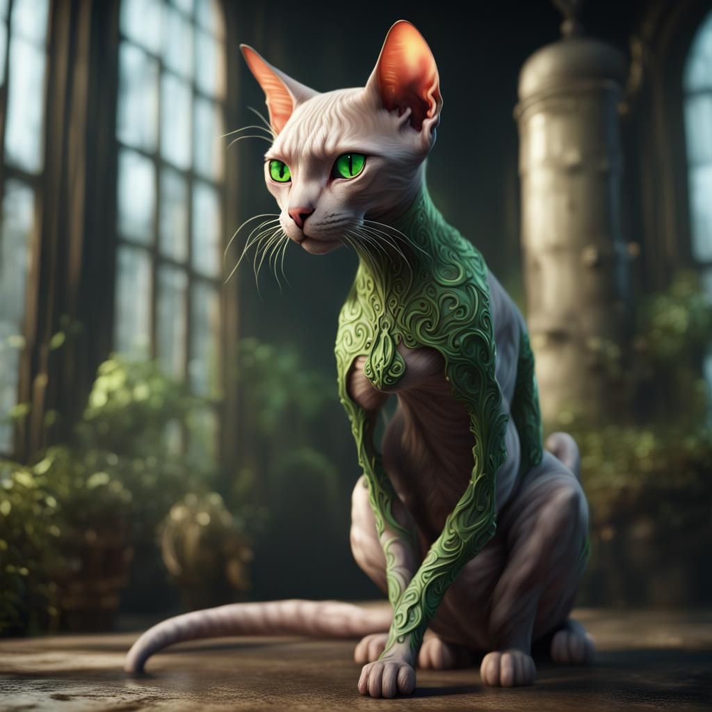 Ethereal Hairless Feline Goddess with Luminescent Green Eyes
