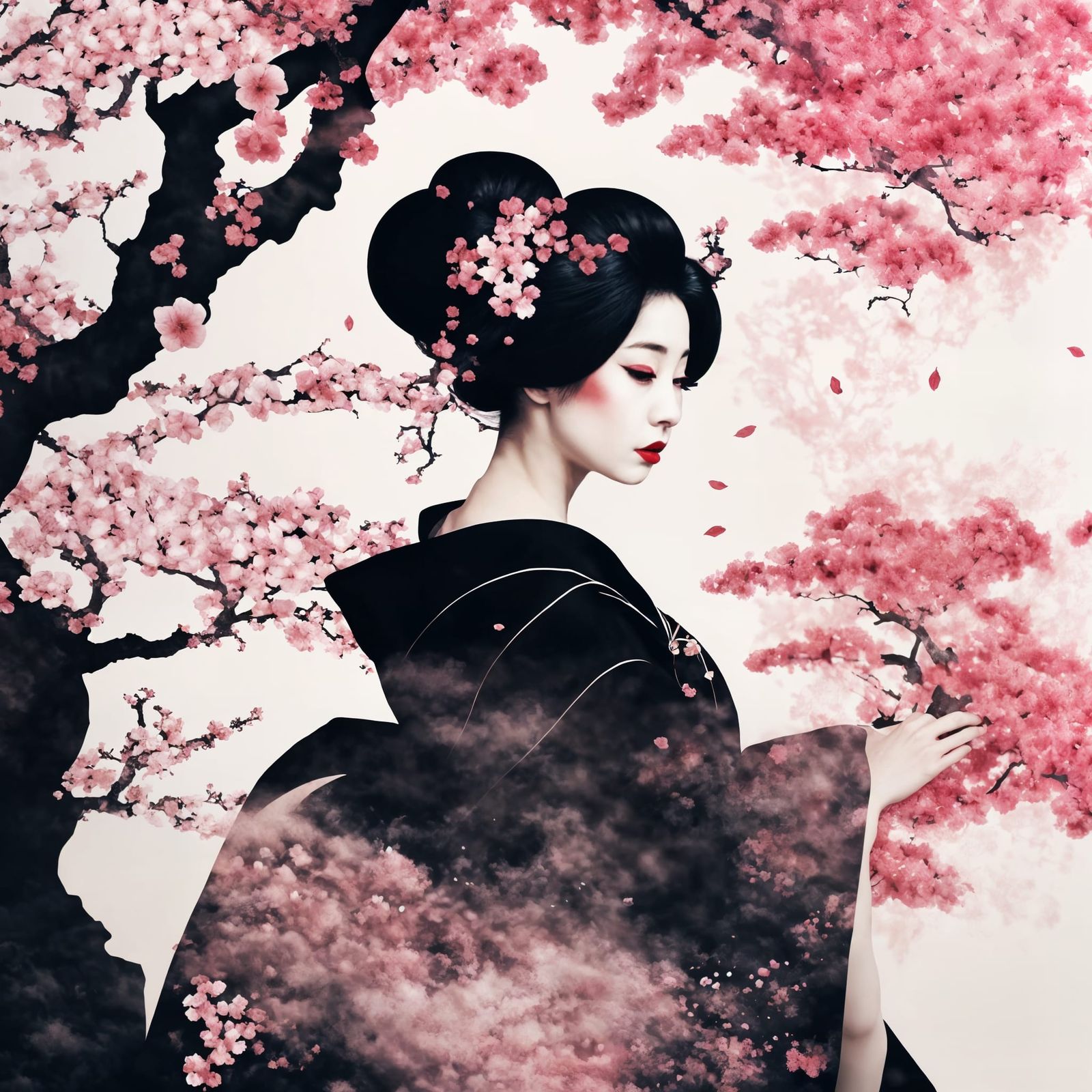 Geisha Silhouette with Blooming Sakura Trees