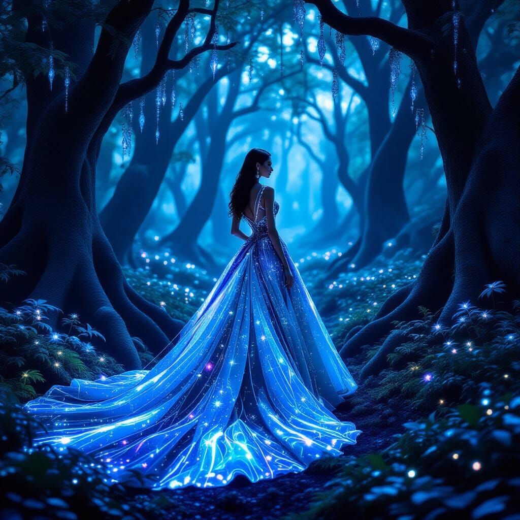 Bioluminescent Forest Fashion Model in Art Nouveau Style