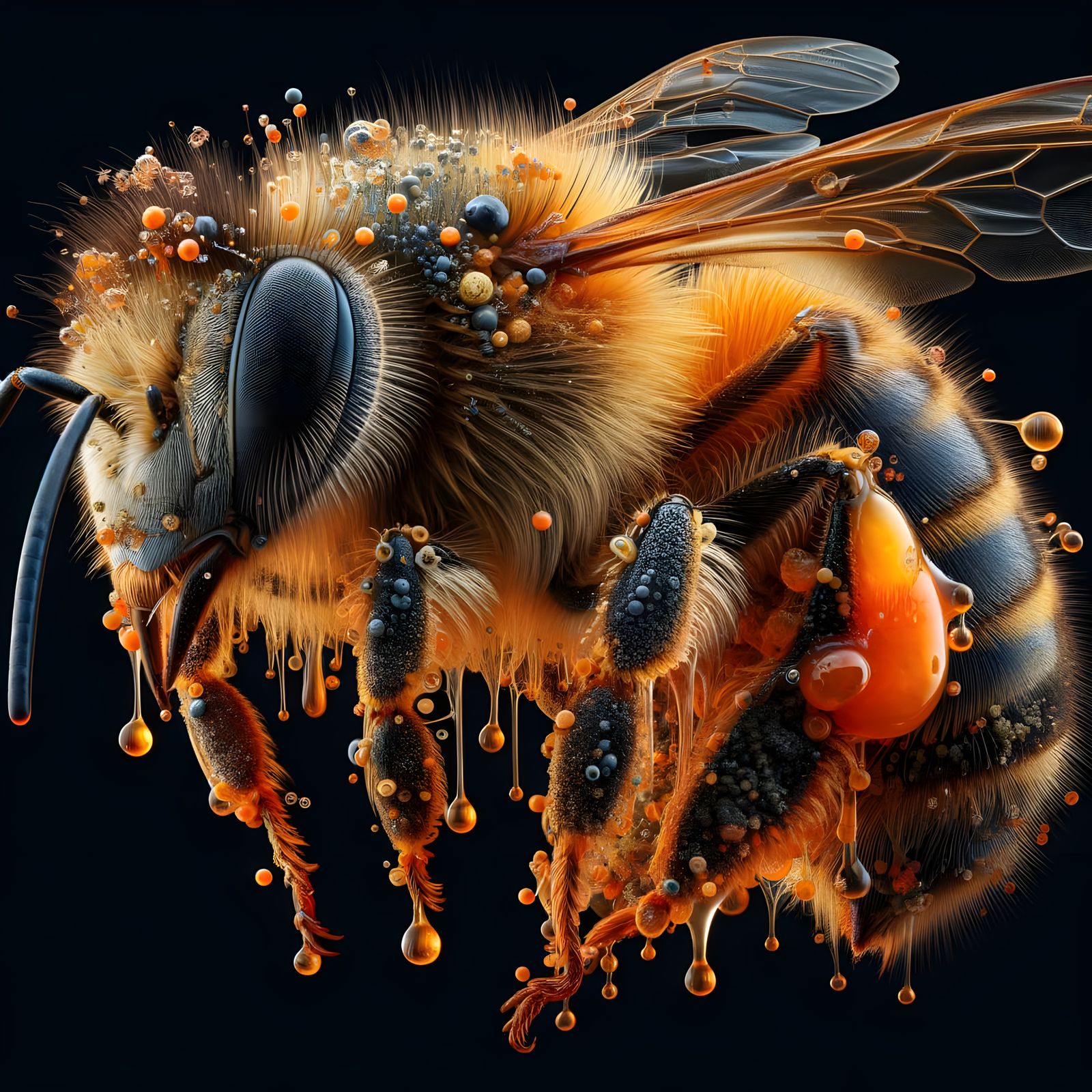 Bee in Hyper-Realistic Detail on Black Background