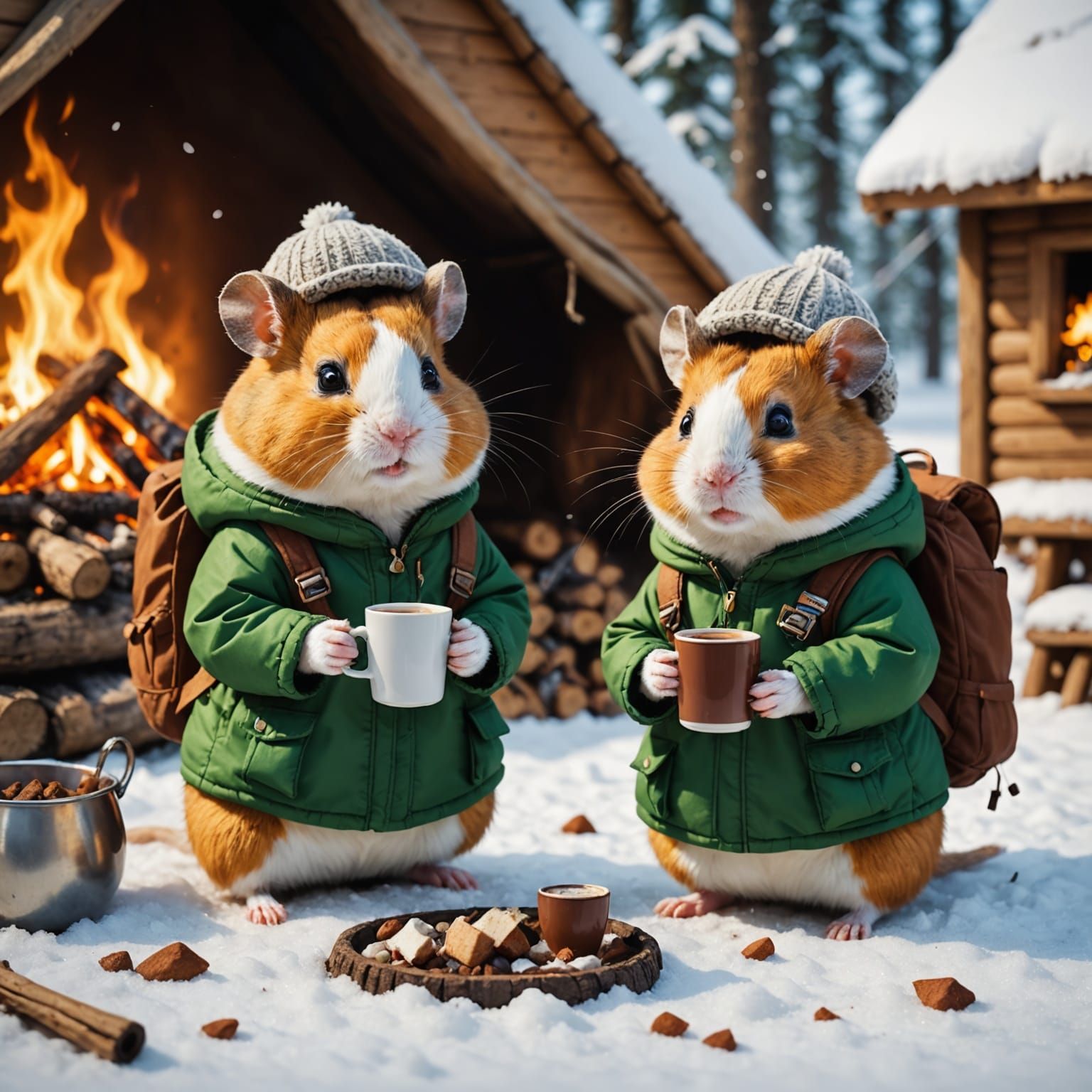 Cute Hamsters Enjoy Winter Campfire Treats
