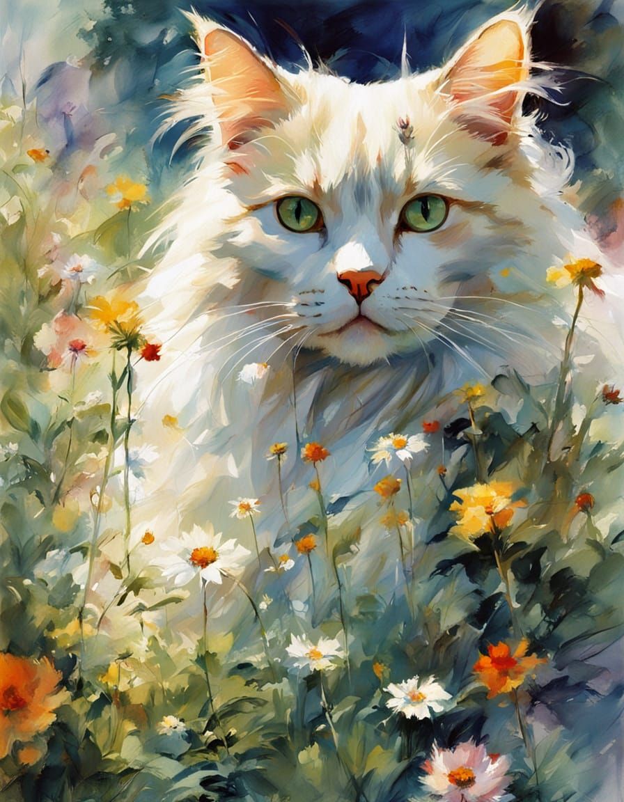 Beautiful Long-Haired Cat in a Serene Garden Landscape