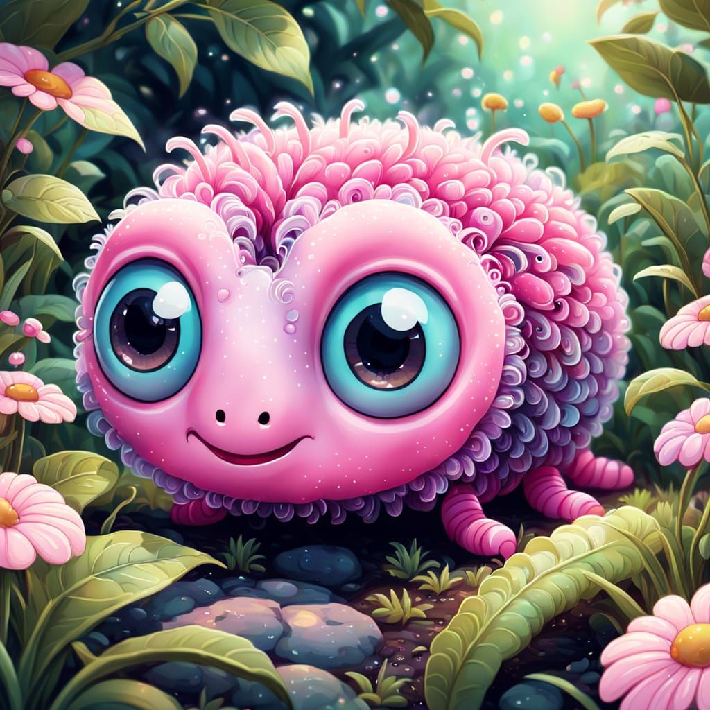 Kawaii Pink Worm with Big Eyes in Garden