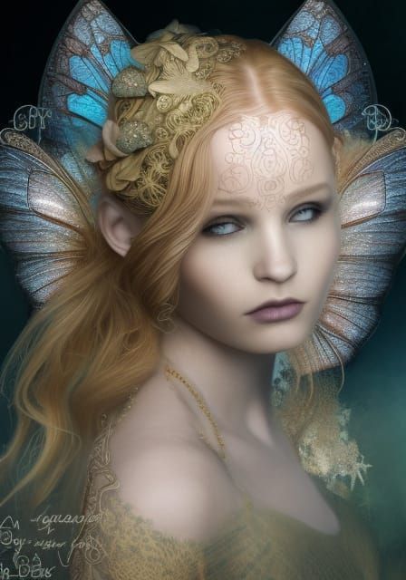 Fae, faery, fairy, woman, fantasy, Filigree, ethereal, beautiful, intricately detailed, hyperrealistic, GDR, golden rati...