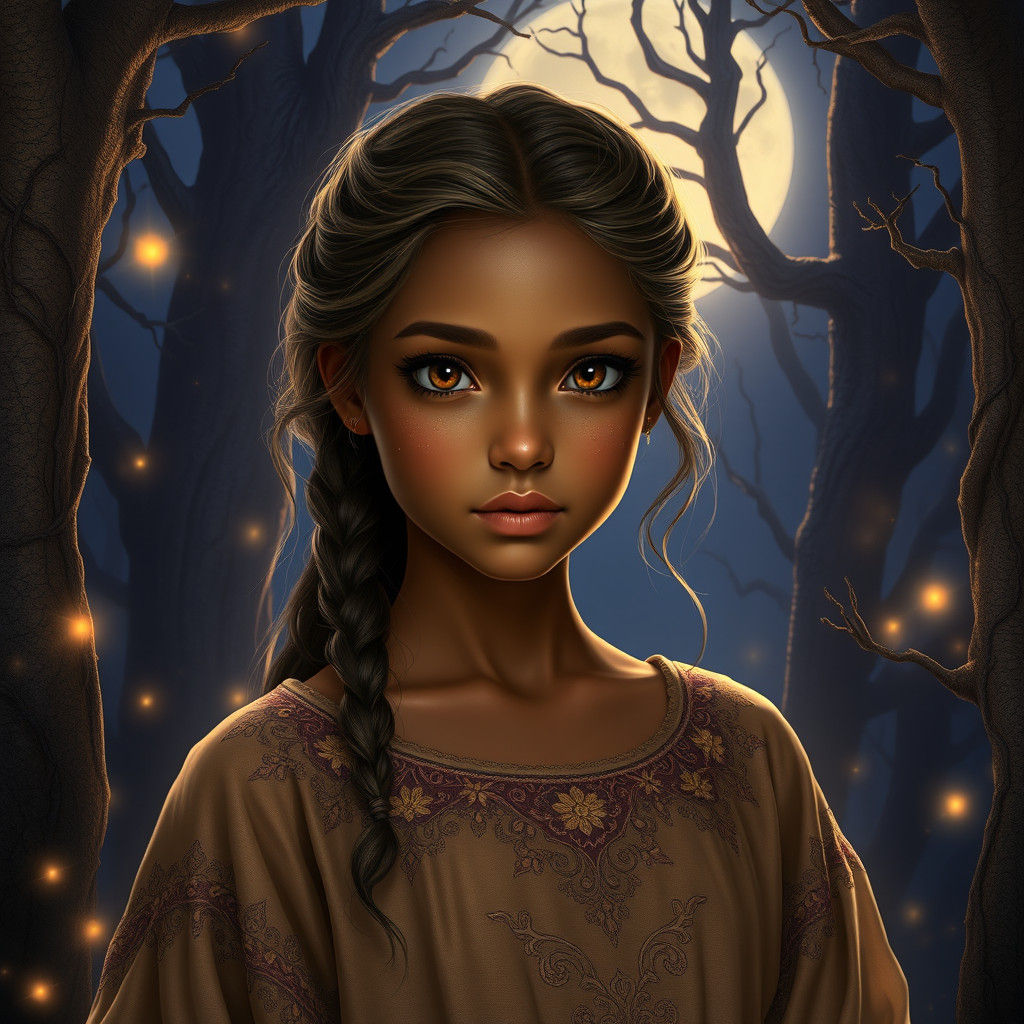 Enchanting Dark Brown Maiden Amidst a Mystical Moonlit Fores...