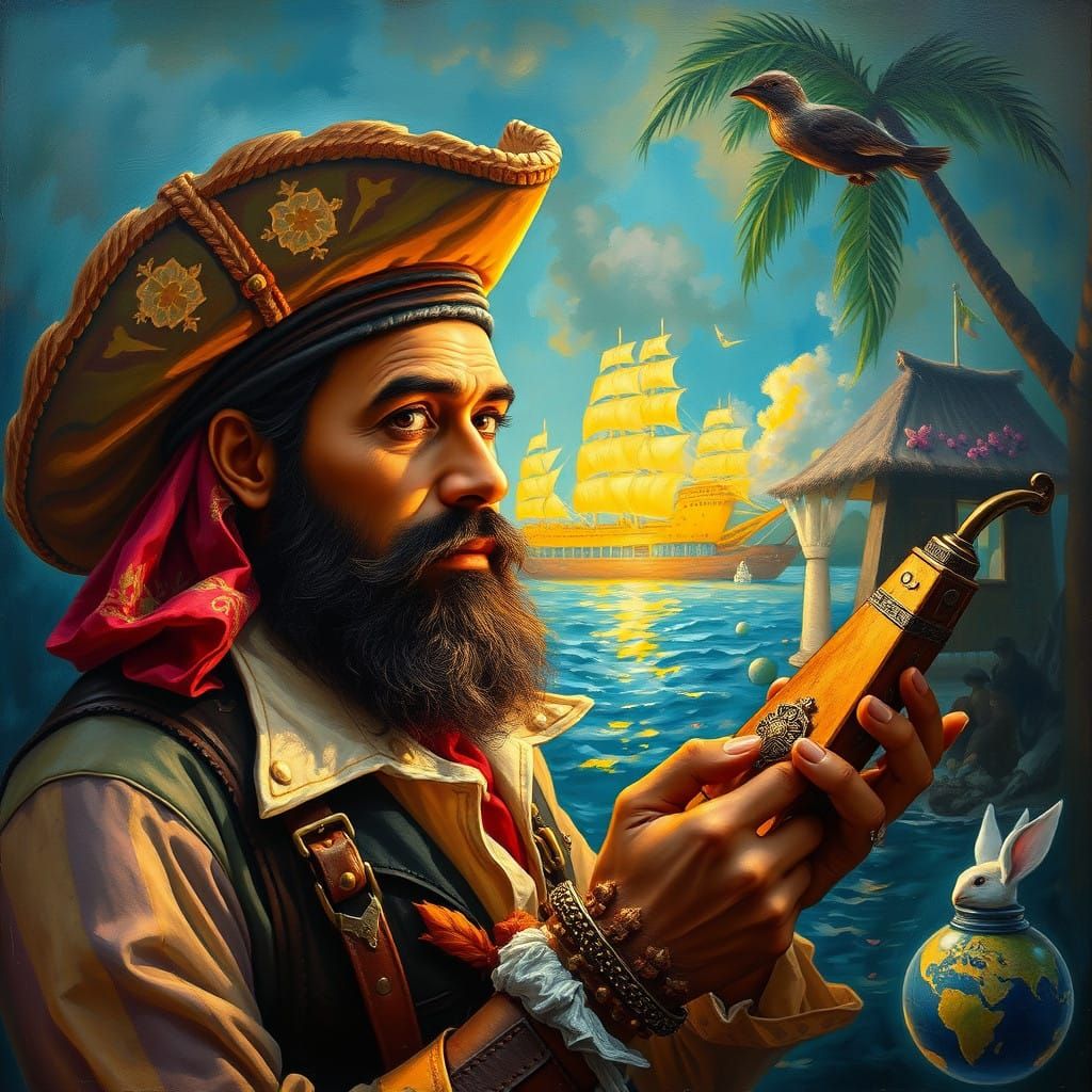 Dashing Caribbean Treasure Hunter in a Vibrant Oil Painting