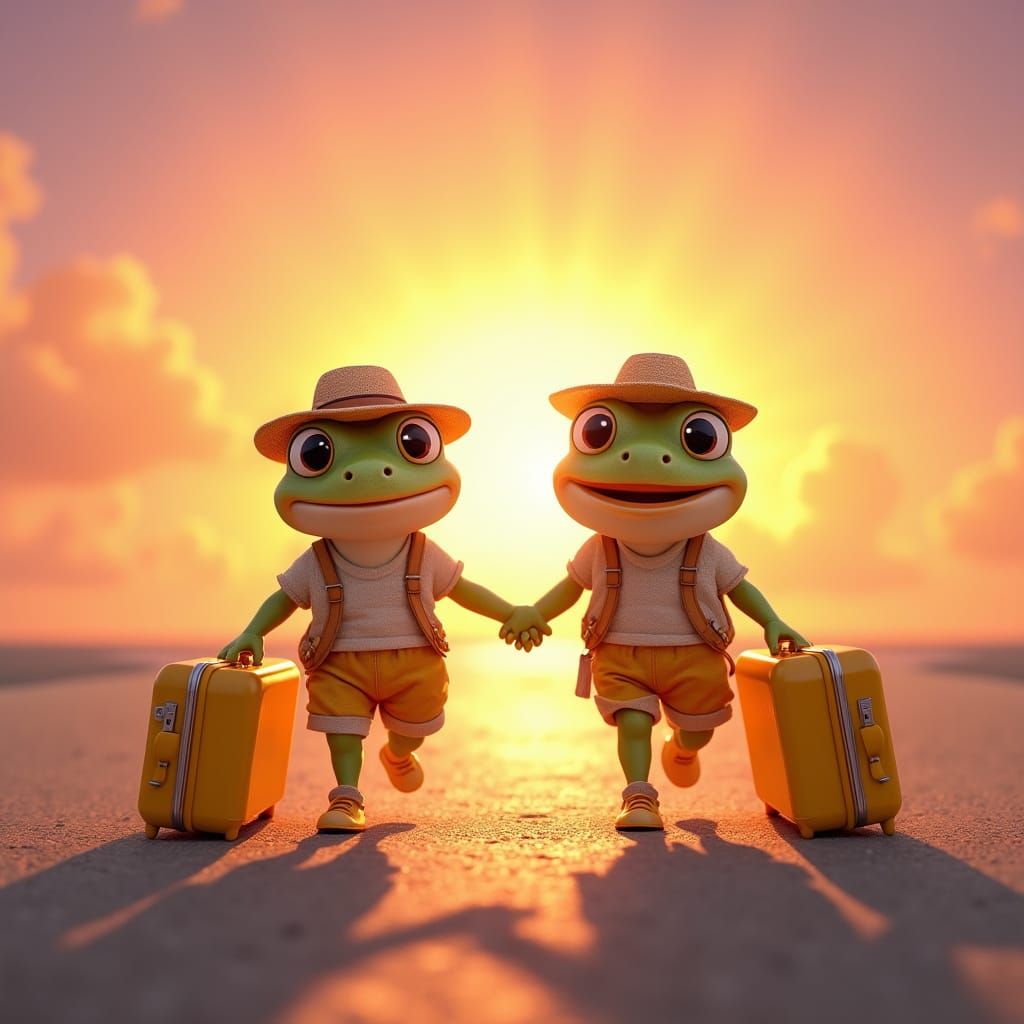 Joyful Frog Couple Strolls into Sunset