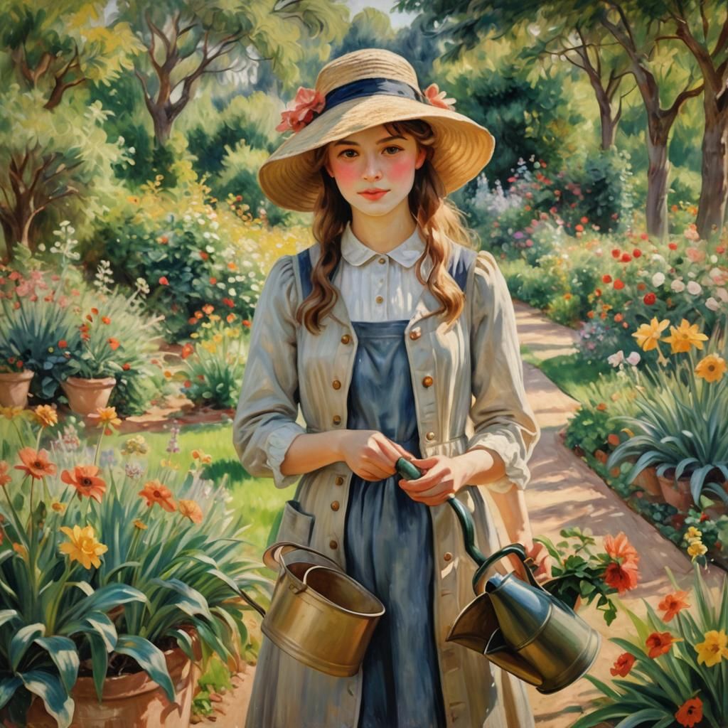 Girl with a Watering Can in an Impressionist Garden