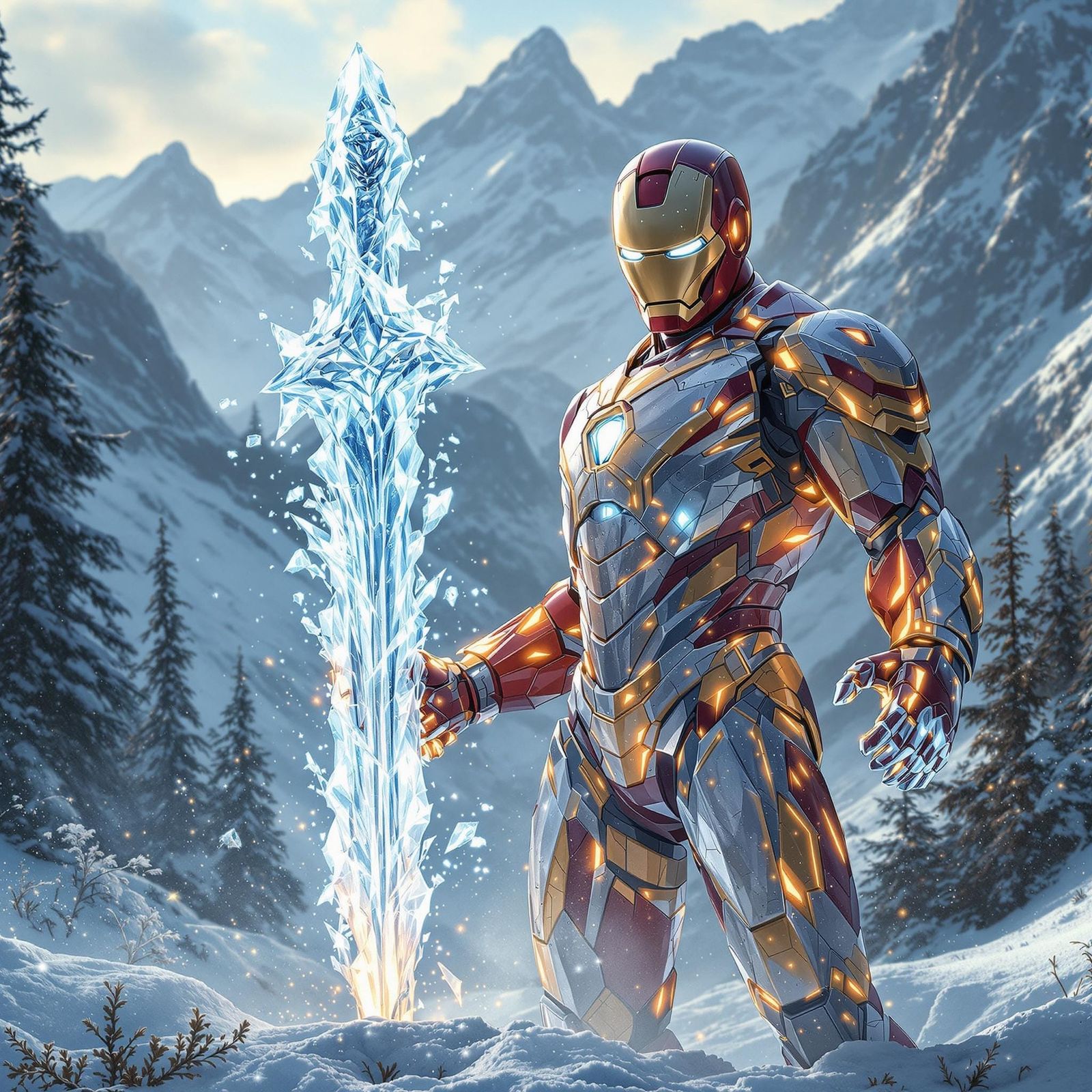 Iron Man Wields Majestic Ice Sword in Winter Wonderland